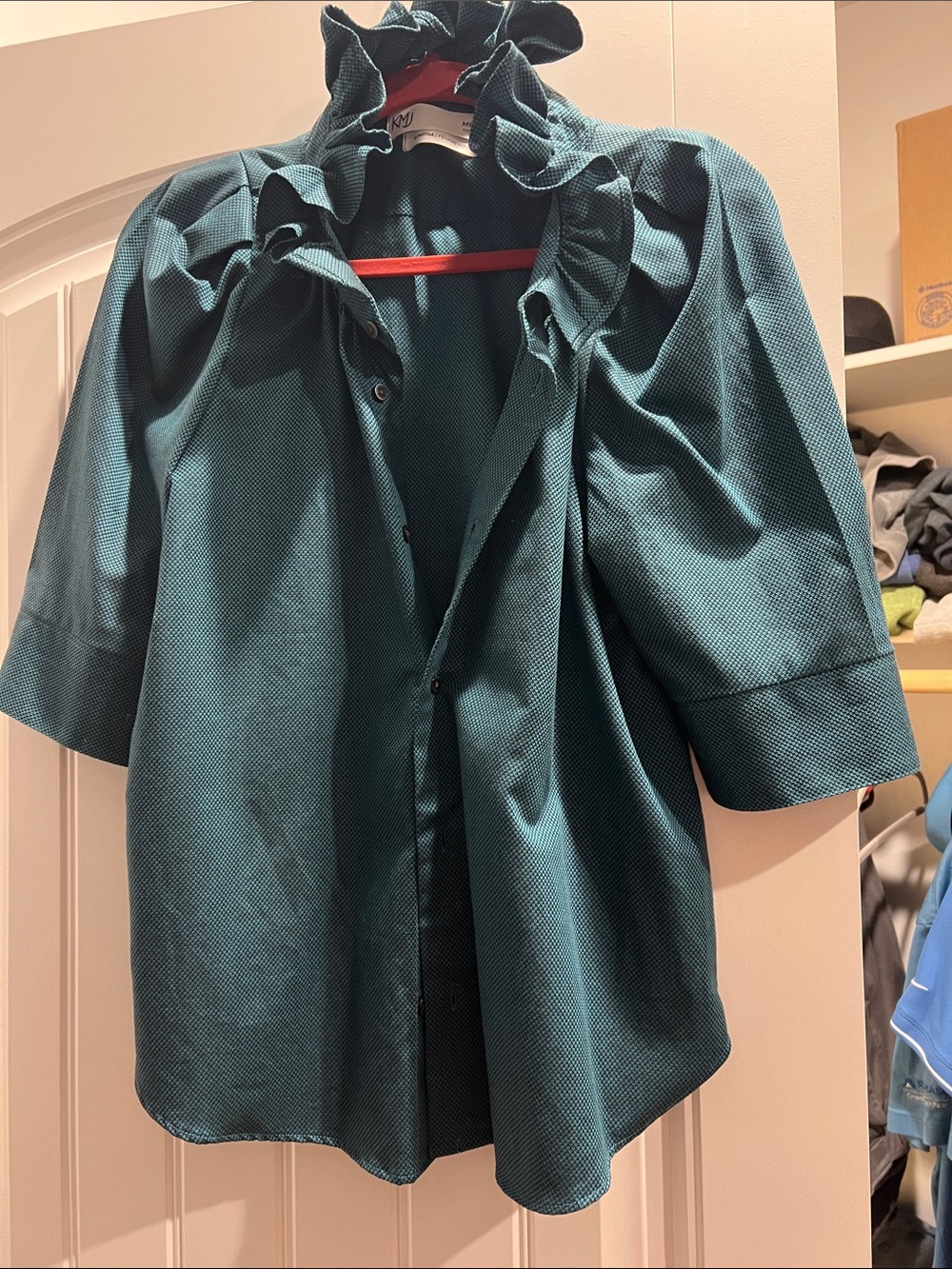 One of a kind Bontina style Ruffled Collar Short-Sleeve Blouse - DK Teal